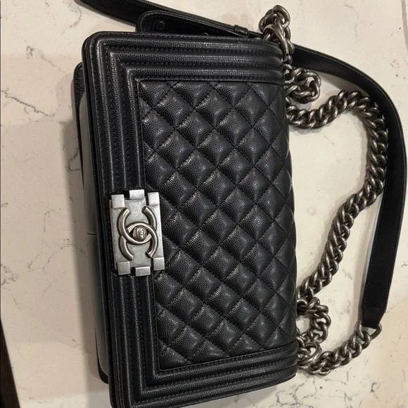CHANEL Black Quilted Leather Bag with Silver Chain - Picture 1 of 8